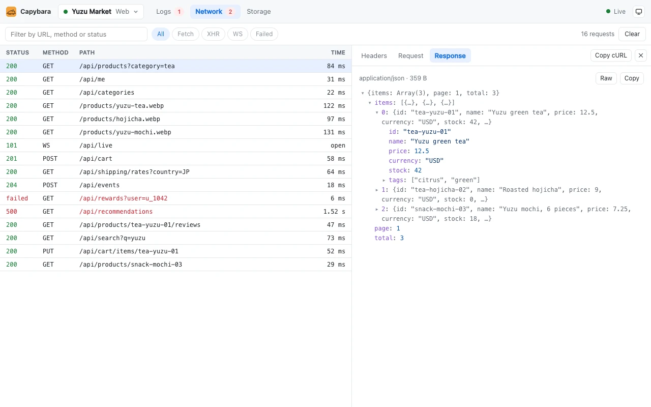 Capybara's Network tab: a list of an app's requests and the JSON response of the selected one.