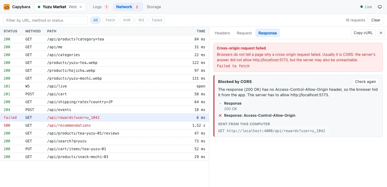 A failed request explained: blocked by CORS because the response has no Access-Control-Allow-Origin header.